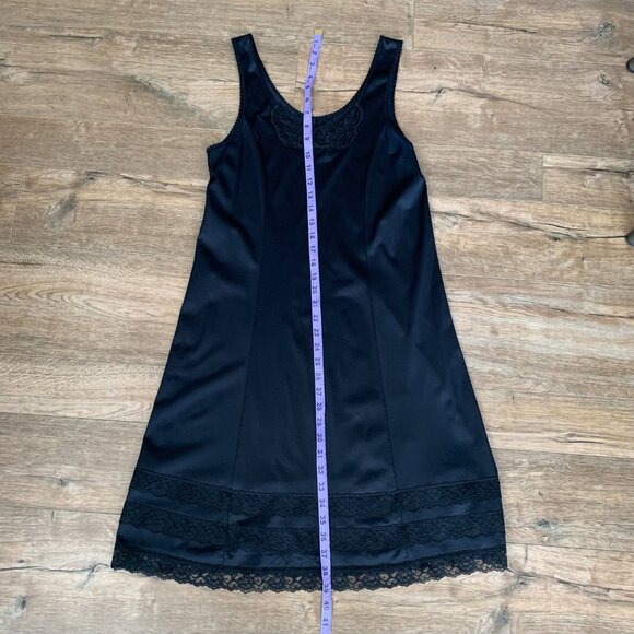 Vintage Pink Lady Slip Dress Nightgown 36 Black Satin Lace Trim Midi Lingerie - Picture 11 of 14
